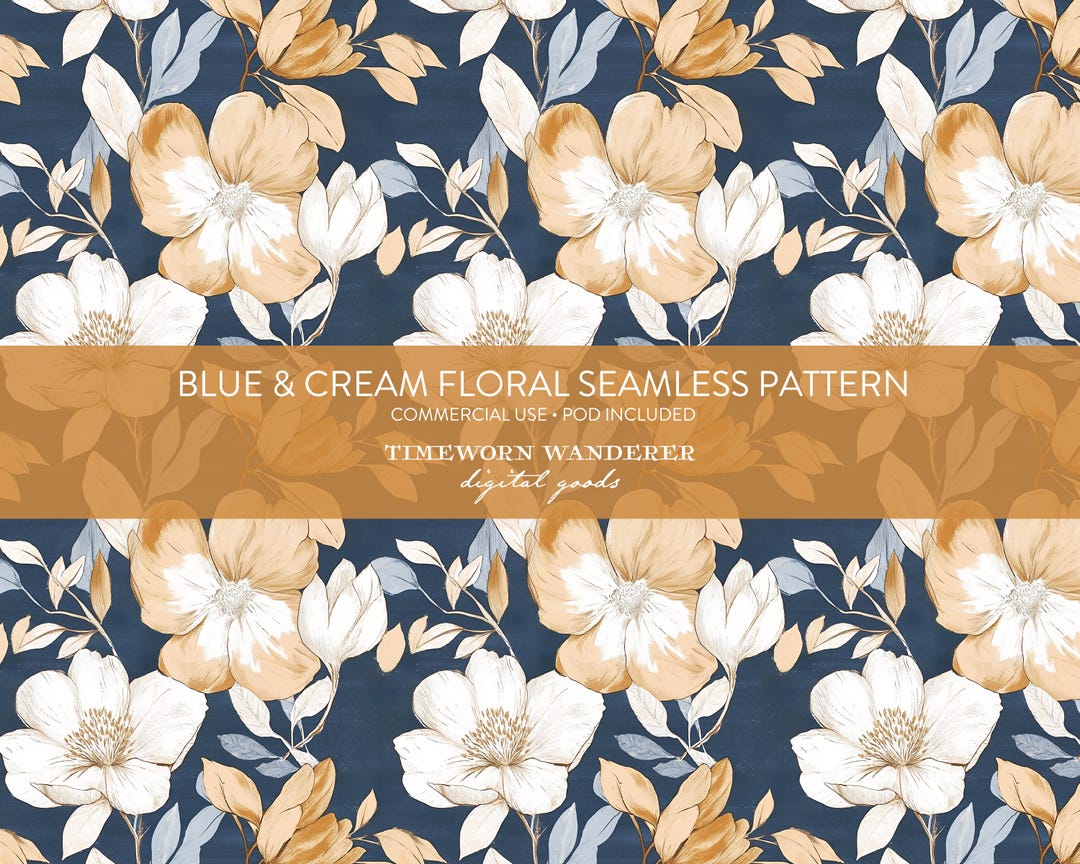 Navy Blue & Cream Classic Floral Seamless Pattern, Elegant Flowers ...
