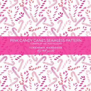 Könnte beinhalten: Ein nahtloses Muster mit rosa Zuckerstangen in verschiedenen Schattierungen auf weißem Hintergrund. Die Zuckerstangen haben Streifen, Punkte und Volltonfarben. Das Bild enthält den Text "PINK CANDY CANES SEAMLESS PATTERN".