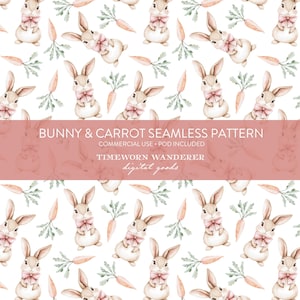 Aquarell Hase Musterdesign, Osterhase und Karotten Digital Papier, niedliche Frühling Bunnies Druck, Cottagecore Kindergarten Tier Hintergrund