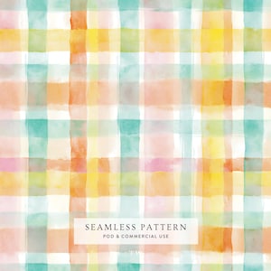 Papel digital con estampado de cuadros en acuarela sin costuras, tartán rosa pastel, azul y amarillo, para uso comercial.