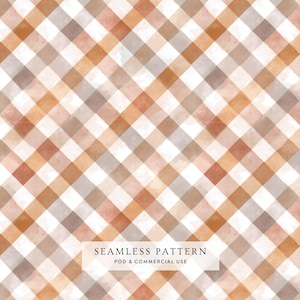 May include: A seamless pattern featuring a diagonal gingham check design in shades of terracotta, light brown, and white with a soft watercolor texture. A white rectangular label is centered with the text SEAMLESS PATTERN POD & COMMERCIAL USE.