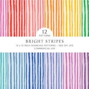 Rainbow Stripe Digital Paper Pack, Bright Party Scrapbook Paper, Colorful Kids Craft Paper, Seamless Patterns, Commercial Use