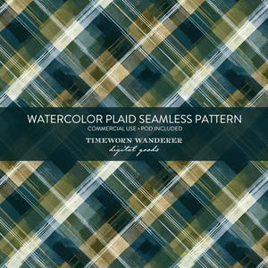 May include: Watercolor plaid seamless pattern in shades of teal, olive green, and beige. The design features intersecting diagonal lines creating a classic plaid pattern. Text on the image reads "Watercolor Plaid Seamless Pattern" and "Timeworn Wanderer digital goods."