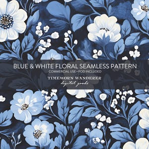 Padrão floral azul e branco, padrão floral sem emendas, fundo floral vintage azul marinho e branco, POD com padrão sem emendas, impressão sob demanda