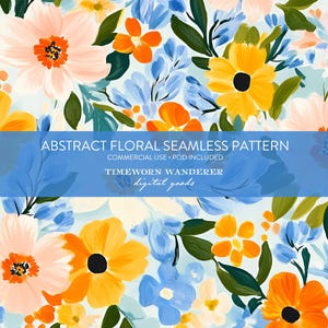 May include: An abstract floral seamless pattern featuring a light blue background with a variety of colorful flowers. The flowers are in shades of peach, yellow, orange, and blue, with green leaves. The text "ABSTRACT FLORAL SEAMLESS PATTERN" is displayed on a blue banner.