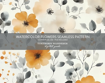 Watercolor Flowers Seamless Pattern, Wildflower Garden Floral Digital Pattern, Boho Autumn Flowers, Seamless Pattern POD Commercial Use