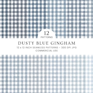 May include: A collection of 12 dusty blue gingham patterns. The image shows a series of seamless patterns in a classic gingham design. Each pattern is a 30.48 x 30.48 cm digital file, ideal for various creative projects. The design features a light blue and white checkered pattern.