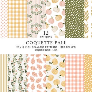 May include: A digital collection of 12 seamless patterns featuring fall-themed designs including pumpkins, leaves, gingham checks, polka dots, and floral motifs in shades of orange, pink, green, and white, labeled Coquette Fall 12 x 12 inch.
