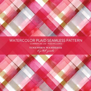May include: Watercolor plaid seamless pattern in shades of red, pink, gray, and gold. The design features diagonal stripes forming a plaid pattern. Text on a red banner reads "Watercolor Plaid Seamless Pattern" and "Timeworn Wanderer digital goods."