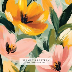 May include: Seamless pattern featuring abstract brushstrokes of yellow and pink flowers with green leaves on a light green background. The text "SEAMLESS PATTERN POD & COMMERCIAL USE" is displayed.