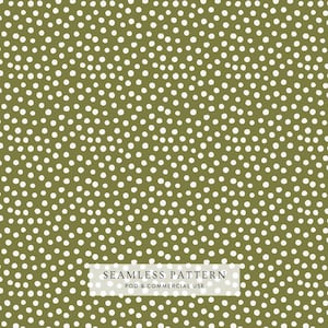 May include: A seamless pattern featuring a repeating design of small, irregular white dots scattered across an olive green background. A rectangular white label is centered at the bottom with the text SEAMLESS PATTERN POD & COMMERCIAL USE.