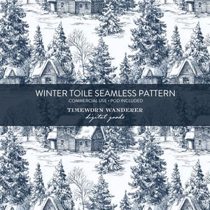 Può includere: Un motivo senza cuciture nei toni del blu e del bianco, con una scena invernale con baite innevate e alberi sempreverdi. Il testo "WINTER TOILE SEAMLESS PATTERN" è visualizzato, insieme alle parole "TIMEWORN WANDERER" e "digital goods".