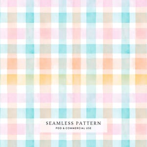Puede incluir: Patrón de cuadros de acuarela en colores pastel. El diseño presenta una cuadrícula de líneas que se cruzan creando cuadrados en tonos rosa, azul, naranja, verde y amarillo. El texto "SEAMLESS PATTERN" está en la parte inferior.