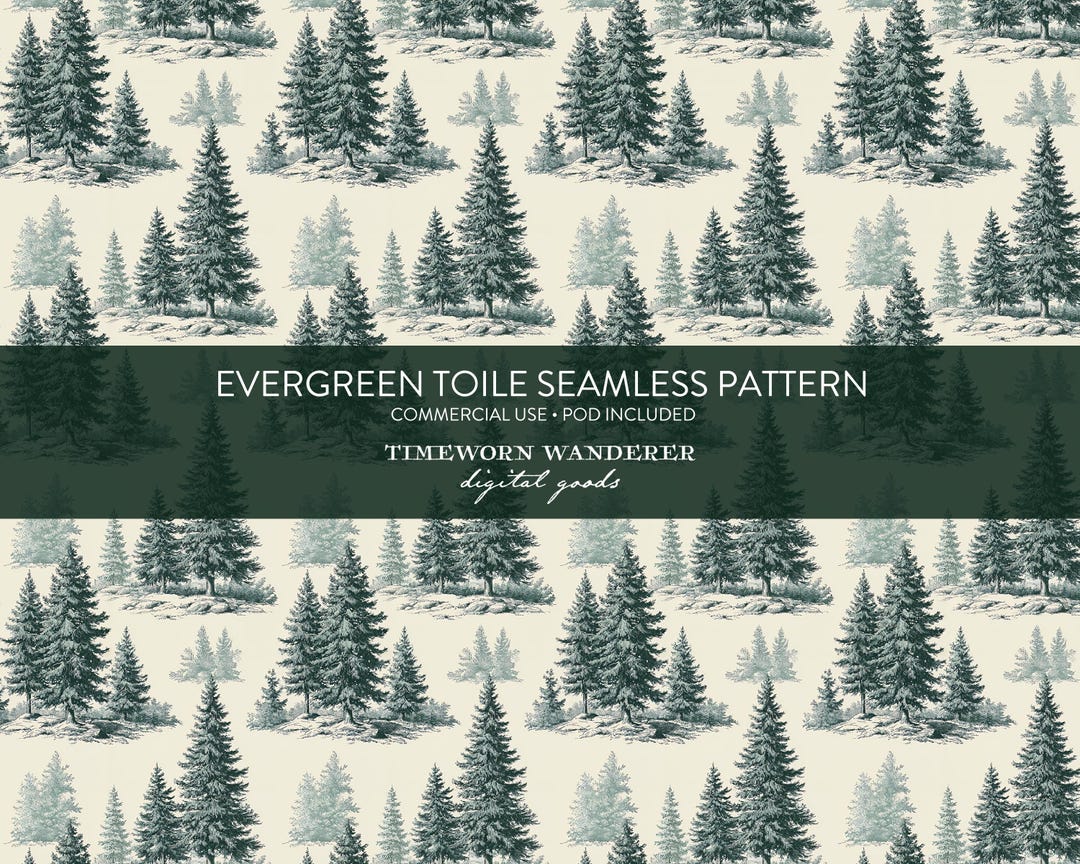 Evergreen Toile Christmas Seamless Pattern, Vintage Winter Pine Trees ...