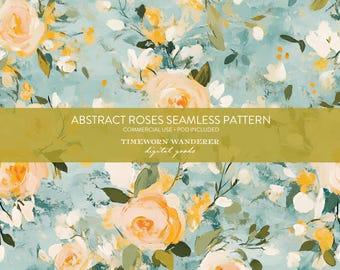 May include: A seamless pattern featuring abstract roses in shades of pink, yellow, and white on a light blue background. The pattern is perfect for use in digital and print projects.