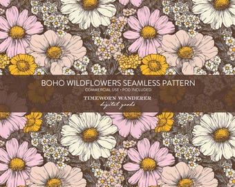 Motivo boho con fiori selvatici, carta digitale floreale vintage, sfondo retrò anni '70 senza soluzione di continuità, rosa, viola, crema, giallo senape, uso commerciale