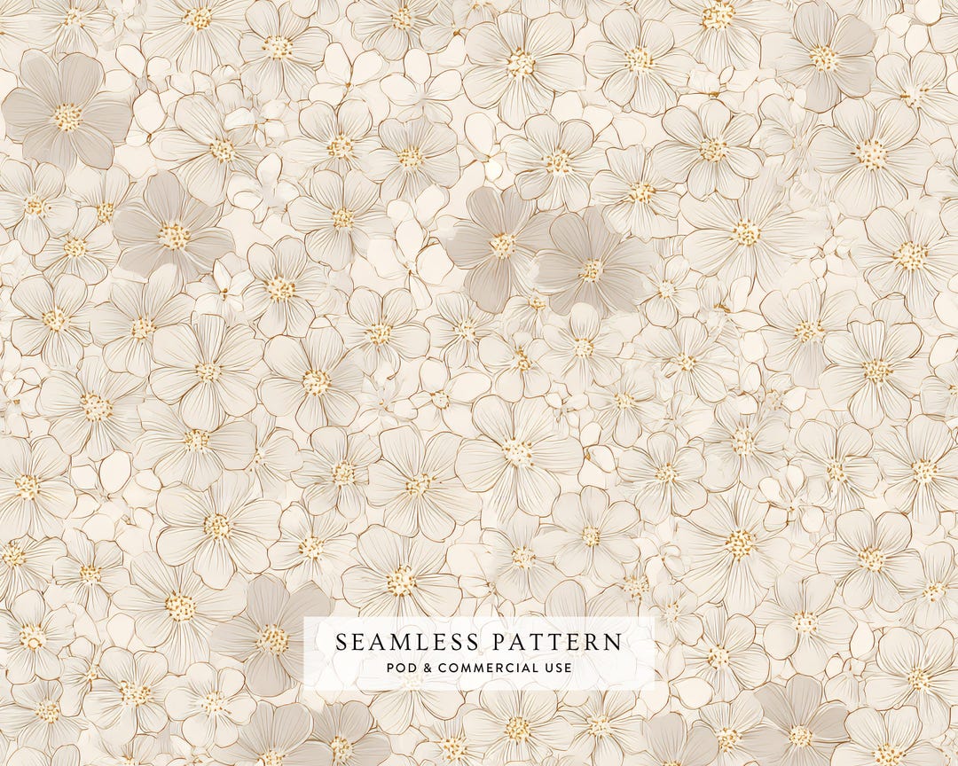 Neutral Beige Floral Seamless Pattern, Minimal Line Art Flowers Digital ...