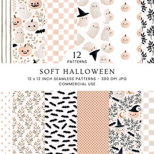 Halloween Seamless Pattern Set, Cute Ghost Pumpkin Bat Scrapbook Paper, Pastel Orange Black Beige, Commercial Use