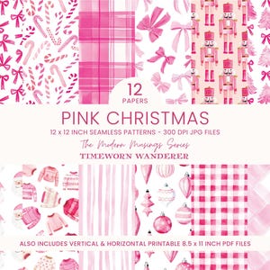 May include: A collection of pink Christmas-themed digital papers. The image displays various patterns, including bows, candy canes, plaid, nutcrackers, Christmas trees, and ornaments. The text reads "Pink Christmas" and "12 x 12 inch seamless patterns".