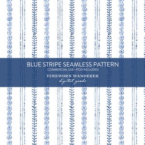 Può includere: Un motivo senza cuciture con strisce blu verticali su sfondo bianco. Le strisce si alternano tra un motivo a vite punteggiato e piccoli cerchi. Il testo "BLUE STRIPE SEAMLESS PATTERN" è visualizzato su uno striscione blu scuro.
