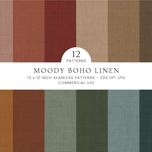 May include: A collection of 12 seamless digital patterns featuring a linen texture in various earthy tones including dusty pink, terracotta, beige, brown, mustard, sage green, forest green, and slate blue, labeled Moody Boho Linen 12 x 12 inch.