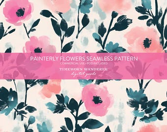 Painterly Flowers Seamless Pattern, Abstract Floral Digital Pattern, Pink Navy Flowers Digital Paper, Seamless Pattern POD Commercial Use