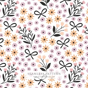 Coquette Floral Bow Seamless Pattern, Pink Orange Black Flower Digital File, Cute Halloween Scrapbook Paper, Preppy Girly Fabric Printable