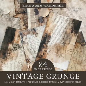 Puede incluir: Una colección de papeles vintage grunge con texto manuscrito y bordes desgastados. Los papeles son en tonos marrón, beige y negro. La imagen incluye el texto "TIMEWORN WANDERER" y "VINTAGE GRUNGE". Los papeles miden 14 x 22 cm.