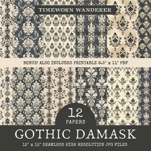 Może przedstawiać: Zestaw 12 cyfrowych papierów Gothic Damask o estetyce vintage. Papiery charakteryzują się bogatymi wzorami kwiatowymi w odcieniach kremu, czerni i granatu. Zawiera pliki JPG o wysokiej rozdzielczości 30,48 cm x 30,48 cm i drukowany plik PDF 21,59 cm x 27,94 cm.