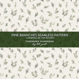 Minimalist Pine Branches Seamless Pattern, Dainty Christmas Evergreen Digital Paper, Simple Winter Botanical Background, Commercial Use