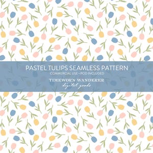 May include: A seamless pattern featuring pastel tulips in pink, yellow, and blue against a white backdrop. The flowers are randomly arranged with green stems and leaves. The text "PASTEL TULIPS SEAMLESS PATTERN" is displayed on a blue banner.