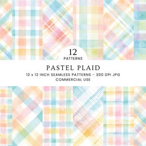 Pastel Plaid Seamless Patterns, Watercolor Plaid Digital Paper Pack, Pink Blue Yellow Rainbow, Spring Easter Plaids, Commercial Use