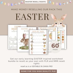 May include: A digital download of 60+ printable Easter-themed worksheets for kids. The worksheets feature activities like coloring, tracing, and symmetry. The worksheets are designed to be used for early learning and are editable in Canva Pro.