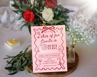 Pink Stück Spaß, Pizza Party - Geburtstagseinladung Personalisierte & bearbeitbare Canva Vorlage