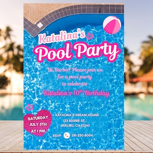 Pink Pool Party Invitation Personalized & Editable Canva Template