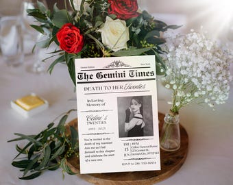 Death to her Twenties Newspaper Obituary Invitation Personalized & Editable Canva Template Digital Download
