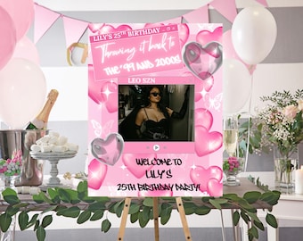 Early 2000s Y2k Inspired 90s Glamour Shots Pink Hearts Background Welcome Sign Template
