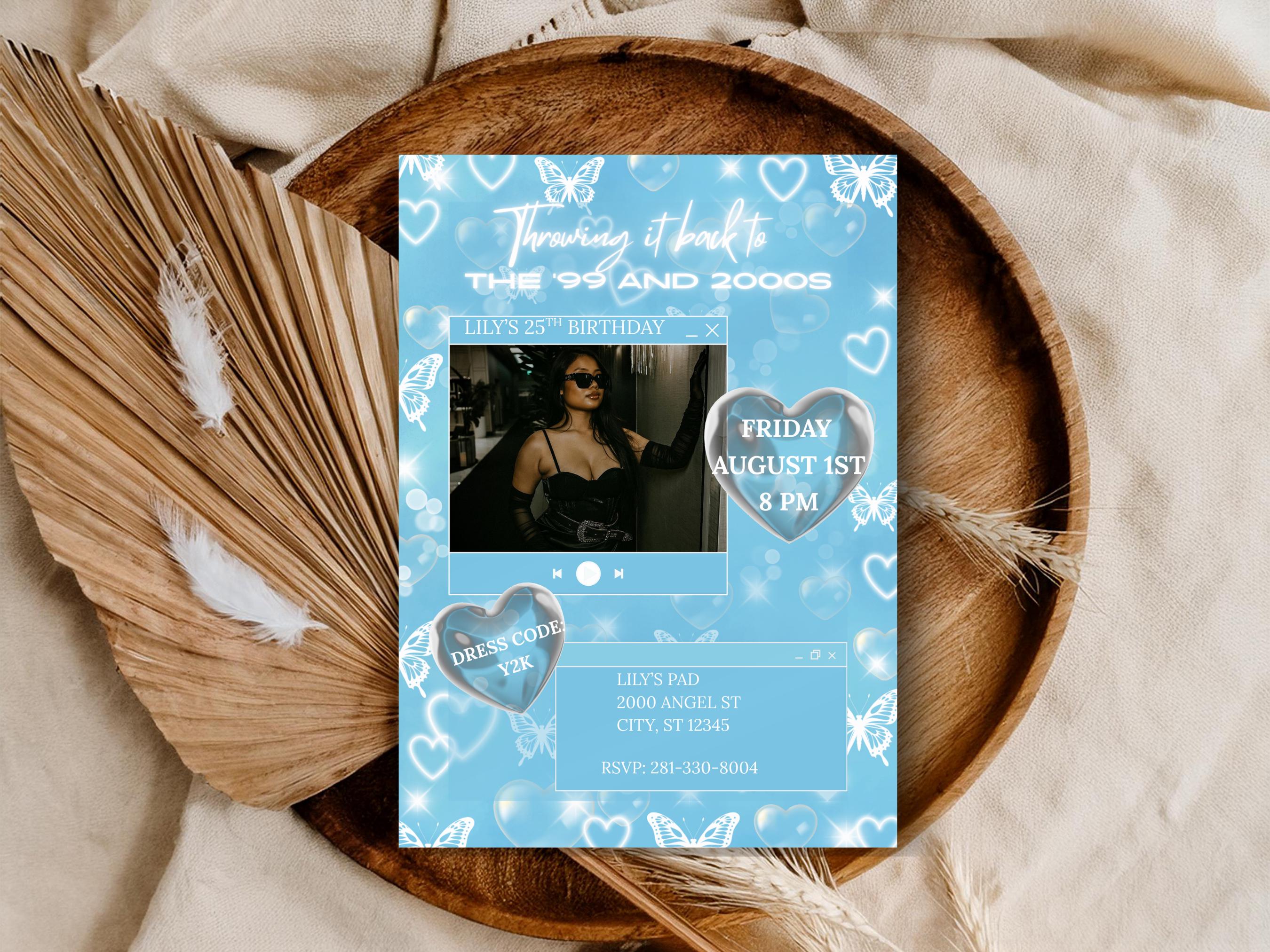 Sky Blue Early 2000s Y2k Inspired 90s Glamour Shots Hearts Background  Birthday Invitation Template