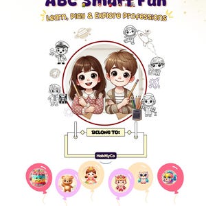 Puede incluir: Un póster educativo colorido con el texto "ABC Smart Fun" y "Learn, Play & Explore Professions". Presenta ilustraciones de dibujos animados de niños, profesiones y globos. Incluye un espacio para escribir "BELONG TO:" y el nombre de la marca "HabitlyCo."