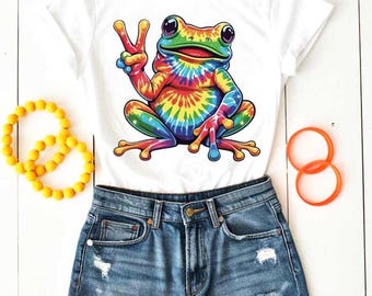 Tie Dye SVG PNG, Peace Sign Frog Retro Design, Hippie Cricut Shirts, Boho Stickers, Festival Totes, 70s Vibe PNG, frog lover svg psychedelic