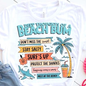 Beach Bum PNG SVG Thoughts Summer Holiday Clipart Sun, Sand, and Surf Vibes for Sublimation, Vacation Crafts, Coastal T-Shirts, Tote Bags