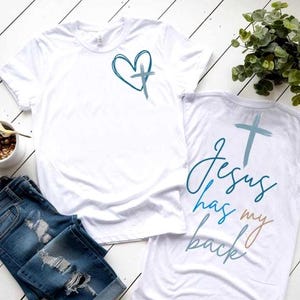 イエスのSVG PNG Has My Back Heart + Cross Bundle、キリスト教信仰昇華デザイン、宗教教会グラフィック、聖書研究デジタルダウンロード