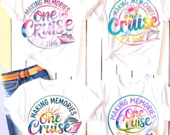 May include: Four white t-shirts with the phrase "Making Memories One Cruise at a Time" printed in a colorful circular design. Each shirt features a cruise ship graphic and a tie-dye effect on the text.