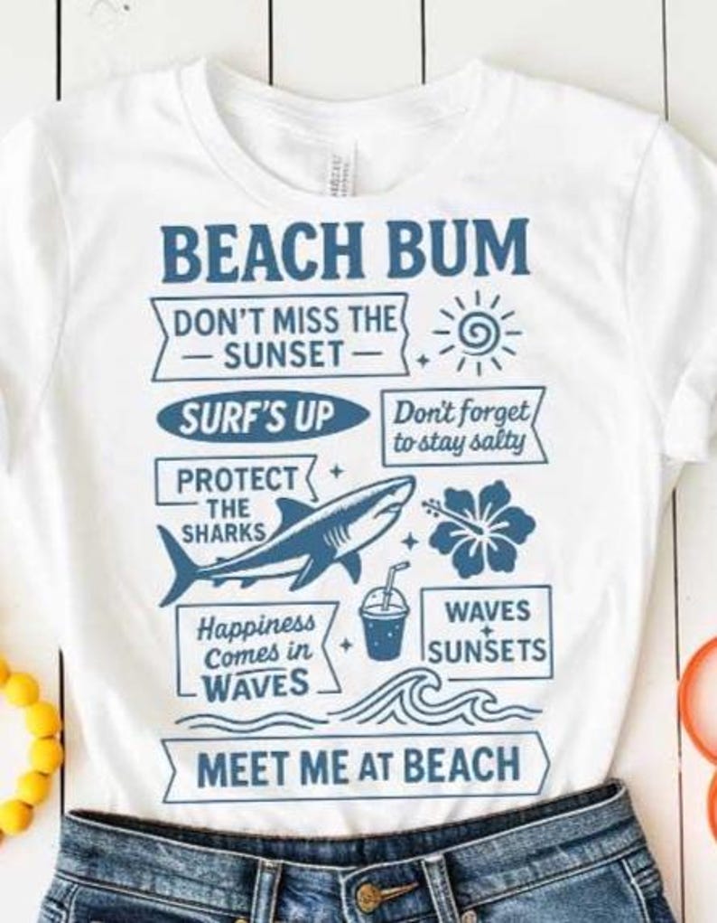 Summer PNG SVG Beach Bum Holiday Clipart, Retro Sun, Sand, and Surf Vibes for Sublimation, Vacation Crafts, Coastal T-Shirts, Tote Bags