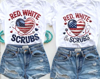 USA SVG PNG Bundle Red White and Scrubs Sparkle Heart Clipart for Nurse, Memorial Day svg Sublimation Patriotic Digital Download, July 4th