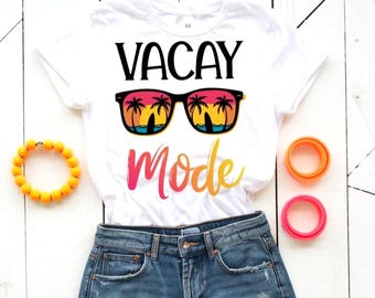 Vacation SVG PNG, Vacay Mode with Sunglasses and Sunset Clipart, Palm Tree Beach Sublimation Design, Trendy Summer Travel Digital Download