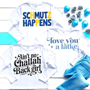 Hanukkah SVG 6 Graphics PNG Bundle, Oy Vey Dreidel Menorah Latkes Mix and Matching Family Shirts