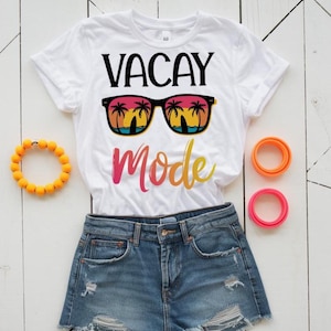 Vacation SVG PNG, Vacay Mode with Sunglasses and Sunset Clipart, Palm Tree Beach Sublimation Design, Trendy Summer Travel Digital Download