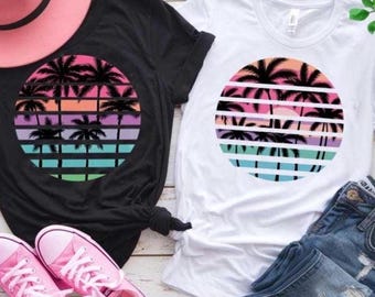 Tropical Sunset SVG PNG Bundle, Circle Stripe Palm Tree Design, Summer Beach Silhouette Graphic for Shirts, Stickers, Totes, Tumblers Crafts
