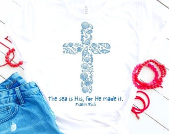 Christian Cross SVG PNG Bundle 3 Versions Psalm 95:5 The Sea Is His Beach Faith Coastal Seashell Cross Graphics